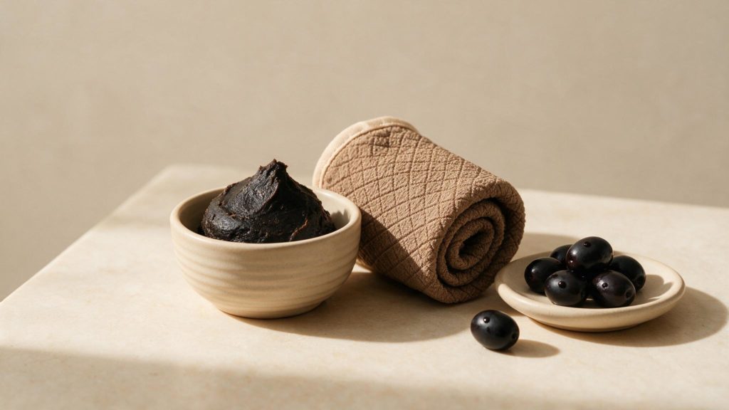Savon Noir : Bienfaits, Utilisations et Tout ce qu'il Faut Savoir 1 bienfait du savon noir Savon noir traditionnel et gant de kessa